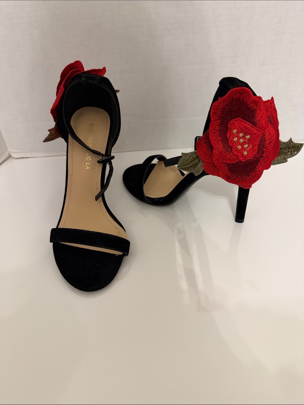 Shoe Republic LA Black Suede Ankle-Strap Heels with Red Floral Appliqué size 6